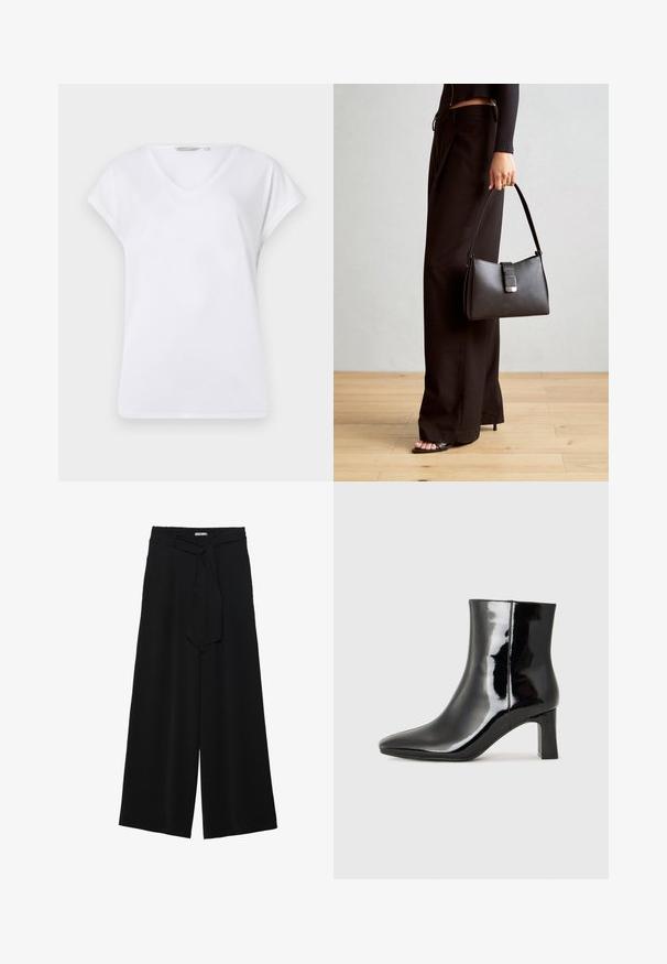 Valge V-kaelusega T-särk lühikeste, volditud varrukatega, valmistatud siledast kangast. Omab vaba lõiget ja lihtsat kujundust ilma mustrite või detailideta.; Mustad laiad püksid, millel on tekstureeritud kangas, elastne vöökoht ja eemaldatav pael vööst, et reguleerida sobivust.; Must-sinine nahkjalats musta läikiva viimistlusega, millel on terav nina ja keskmise kõrgusega plokk konts. Sile tekstuur ja minimalistik disain.; Must musta kott, millel on struktureeritud kuju, sile tekstuur ja metallist klamber. Kombineeritud laiate mustade pükstega ja avatud varvaste sandaalidega puidust põrandal.