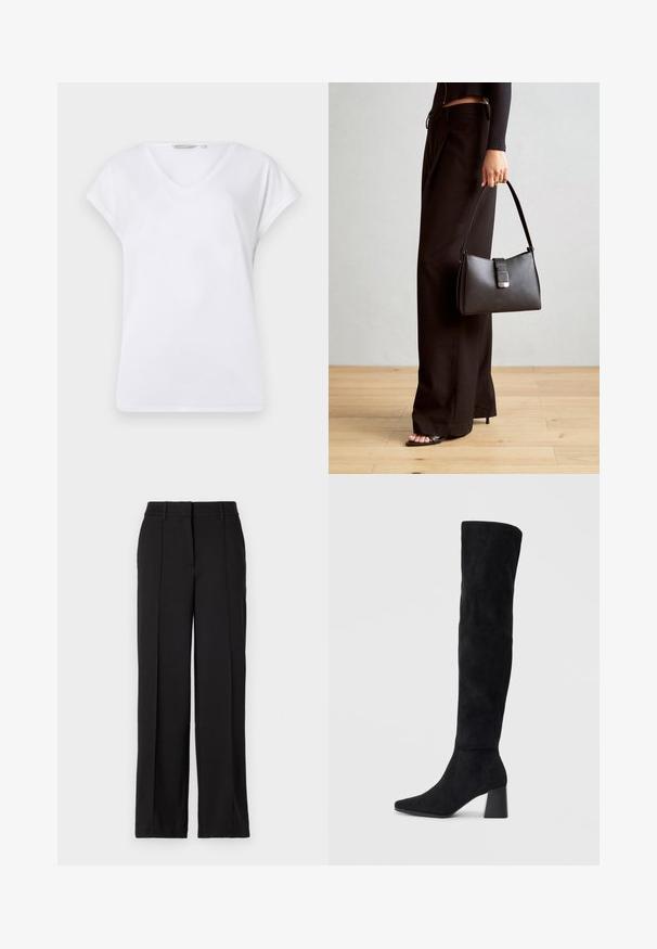 Tricou alb cu guler în V, cu mâneci scurte și răsucite, realizat dintr-un material neted. Prezintă o croială lejeră și un design simplu, fără modele sau accente.; Pantaloni negri cu un design drept, având două plii frontale, un brâu și fără buzunare sau embellismente vizibile.; Cizme negre din suede, cu toc bloc, vârf ascuțit și un design neted, fără cusături, pe un fundal deschis.; Genți negre cu o formă structurată, textură netedă și un închizător metalic. Asortată cu pantaloni negri largi și sandale cu vârf deschis pe un podea din lemn.