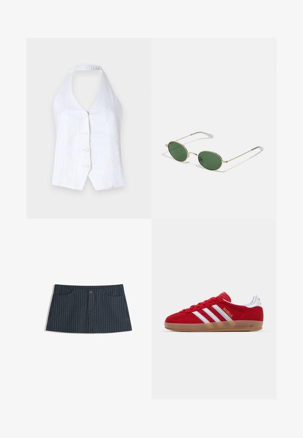 Weißes Top mit Halterneck aus Leinen. Verfügt über einen tiefen V-Ausschnitt, vier Knöpfe vorne und einen elastischen Rücken für eine gute Passform.; Marineblaues Minirock mit Nadelstreifen, vorderen Taschen und einem einzelnen Knopfverschluss an der Taille.; Rote Wildleder-Sneaker mit weißem Dreistreifen-Design und goldenem "Gazelle"-Schriftzug. Besitzt eine Gummisohle und eine strukturierte Ferse.; Sonnenbrille mit goldenem Rahmen, grünen ovalen Gläsern und dünnen Metallarmen. Verfügt über klare Kunststoffspitzen an den Armen für zusätzlichen Komfort.