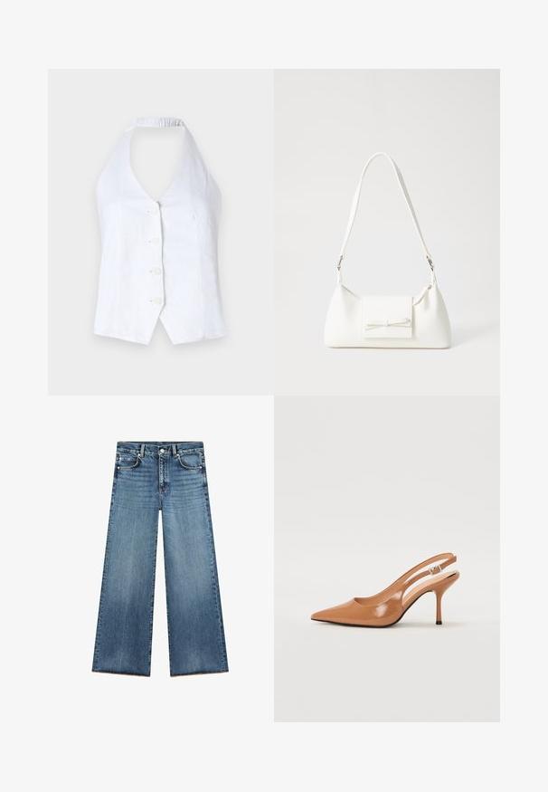 Witte halternek top gemaakt van linnen. Heeft een diepe V-hals, vier knopen aan de voorkant en een elastische rug voor een goede pasvorm.; Lichtblauwe wijde jeans van denim met een hoge taille, voorzien van vijf zakken, contrasterende stiksels en een rafelige zoom aan de onderkant.; Puntige slingback hak in een glad, glanzend beige materiaal. Bevat een gebogen uitsnijdontwerp en een slanke stiletto hak. Zilveren gesp detail.; Witte synthetische handtas met een driehoekige vorm, platte voorklep en strikdetail, verstelbare schouderriem, gladde textuur en minimalistisch ontwerp.
