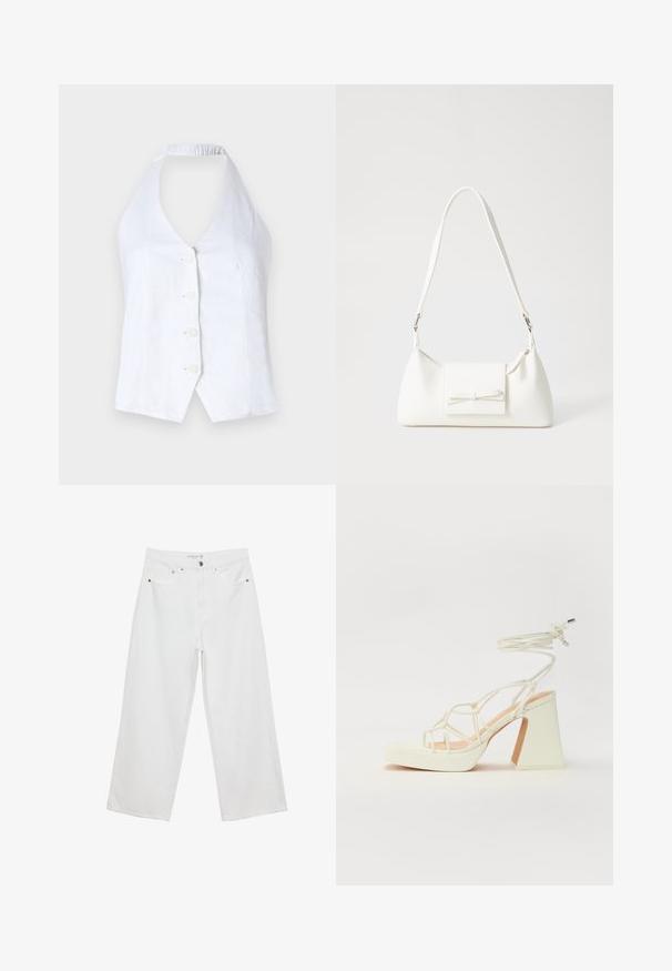 Valkoinen, henkäri kauluksella varustettu paita, joka on tehty pellavasta. Siinä on syvä V-pääntie, neljä nappia edessä ja joustava takapuoli istuvuuden vuoksi.; Valkoiset leveälahkeiset farkut, joissa on korkea vyötärö. Tämä malli sisältää viisi taskua ja metallisia yksityiskohtia. Kankaan pinta on sileä, ilman näkyviä kuvioita.; Valkoinen korkokenkä, jossa on paksu korko, ja joka sisältää nauhakiinnityksen ja nilkkaketjun. Sujuva pinta, jossa on platform-etupohja lisäkorkeutta varten.; Valkoinen synteettinen käsilaukku, jossa on kolmikulmainen muoto, tasainen etu läppä ja nauhadetail, säädettävä olkahihna, sileä rakenne ja minimalinen muotoilu.