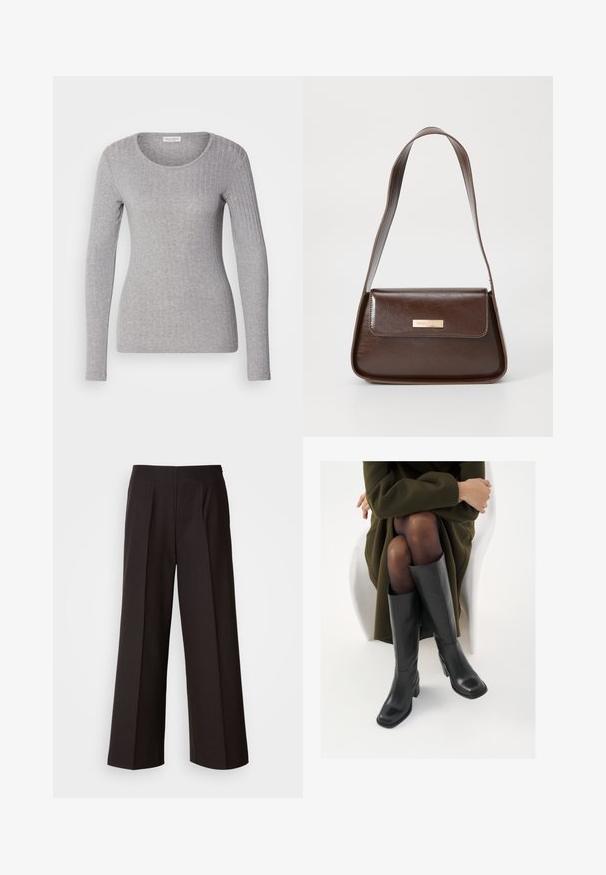 Grauer Langarmoberteil aus geripptem Material, mit einem runden Ausschnitt und tailliertem Schnitt. Weicher Stoff mit einer glatten Oberfläche.; Schwarze weite Hosen mit flachem Vorderteil, Falten und einer glatten Stoffstruktur. Sie haben eine hohe Taille und einen taillierten Schnitt für eine strukturierte Passform.; Knöchelhöhe schwarze Lederstiefel mit quadrater Spitze und Blockabsatz, gezeigt mit einem Modell, das einen olivgrünen Mantel trägt. Glatte Textur, minimale Details.; Braune Lederschultertasche mit strukturierter Form, ausgestattet mit einem magnetischen Klappenverschluss und einem metallischen Logoakzent auf der Vorderseite.