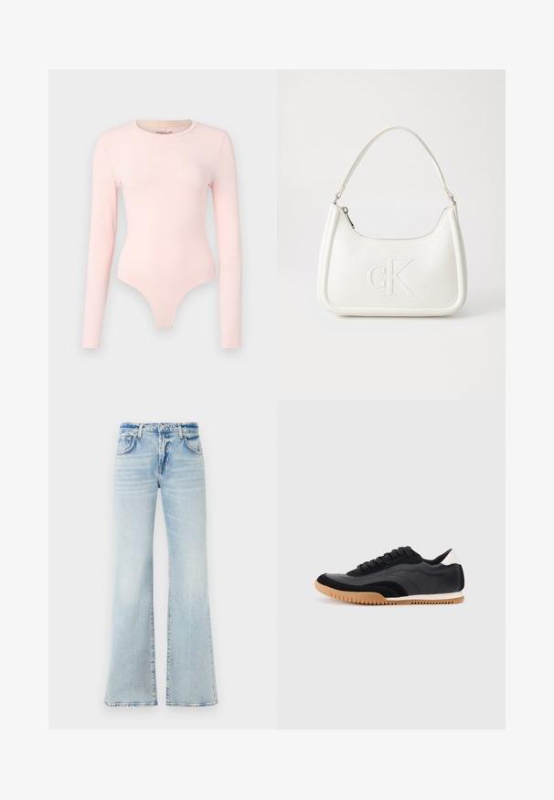Langermet kroppstrøy i myk rosa stoff, med logoen "GUESS JEANS" i hvitt, har en tettsittende design og tanga bunn.; U-formede lyseblå denimbukser med blød tekstur, fem lommer og knaplukking. Har falming for en slitt effekt.; Svarte og grå treningssko laget av syntetiske materialer, med en teksturert svart tåhette, sporadisk gummisåle og hvit hælakse.; Hvit lærveske med en buet fasong, med et preget "CK"-logo på forsiden og en enkel skulderstropp. Glidelåslukking på toppen.
