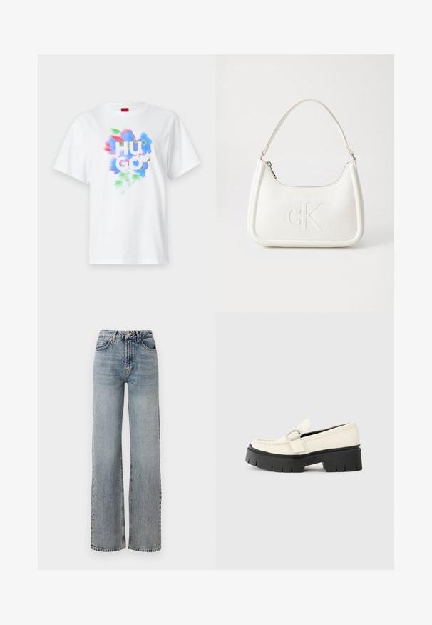 White cotton t-shirt featuring a colorful abstract design in blue, red, and green, with "HUGO" printed prominently in the center.; Light blue denim jeans with a high waist, wide-leg design, faded finish, and subtle distressed detailing. Classic five-pocket styling.; White leather loafer with a chunky black platform sole, featuring a rectangular silver buckle and visible stitching detail on the upper.; White leather handbag with a curved shape, featuring an embossed "CK" logo on the front and a single shoulder strap. Zipper closure at top.