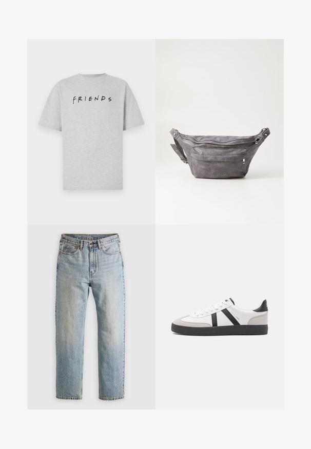 Halli puuvillane t-särk lühikeste varrukatega, millel on sõna "SÕBRAD" mustas värvuses, mis on kaunistatud värviliste punktidega juhuslikus fontis.; Heledad hele sinine teksapükste kõrge vöökoht, ees nupuga, lukuga ja viie taskuga disain, asetatud tasasele neutraalsele taustale.; Valged tossud mustade ja hallide aktsentidega, tekstureeritud halli varbakattega, musta kummitald ja lamedad valged paelad. Puhtad jooned, minimalistlik stiil.; Hallikate nahast vöö kott, millel on ümar kuju, kaks tõmblukuga taskut ning reguleeritav rihm. Varustatud metallist detailide aktsentidega.