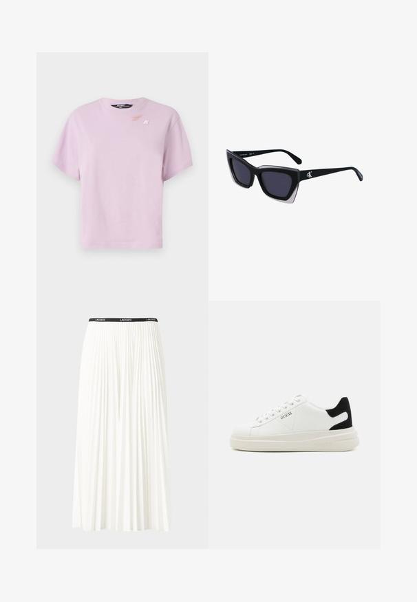 Lyse lilla bomulds t-shirt med rund hals, korte ærmer og et subtilt logo print på brystet. Let cropped design.; Plisseret hvid nederdel med en sort elastisk talje, der har "LACOSTE"-logoet. Mellemlang design med blød tekstur.; Hvide lædersneakers med en tyk hvid sål, sort ruskindhælvægt og prægede logoer på siden. Snørebåndsdesign med seks øjer.; Store sorte oversized solbriller med geometrisk form, med mørke linser og en kontrasterende grå detalje på stellet. Logo på armen.