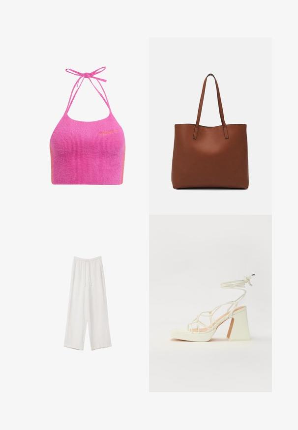 Roza skraćena halter top majica u mekoj, rebrastoj teksturi s tankim naramenicama i narančastim akcentom. Sadrži izvezeni logo brenda na prednjoj strani.; Bijele hlače širokih nogavica napravljene od lagane tkanine. Imaju elastičan pojas s ušicom i bočne džepove. Glatka tekstura.; Bijela sandala na visokoj potpetici s debelim petom, s remenom i vezanjem oko gležnja. Glatka tekstura s platformom sprijeda za dodatnu visinu.; Smeđa kožna torba preko ramena s glatkom teksturom, otvorenim vrhom i dvjema naramenicama. Ima minimalne šavove i nema vidljivog hardvera.