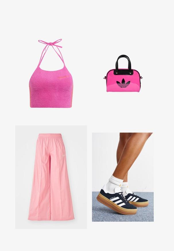 Ružový skrátený halter top z jemného rebrovaného materiálu s tenkými ramienkami a oranžovým akcentom. Na prednej strane sa nachádza vyšitá značka.; Ružové široké nohavice vyrobené z ľahkej tkaniny, s elastickým pásom a jemnými bielymi bočnými prúžkami. Malé logo na prednej strane.; Čierne semišové tenisky s bielymi pruhmi a detailmi, so zaoblenou špičkou, podrážkou z gumovej gumy, doplnené bielymi rebrovanými ponožkami.; Ružová lakovaná kabelka s čiernym logom a rúčkami, s zaobleným tvarom a zipsovým uzáverom. Lesklý povrch zvyšuje viditeľnosť.