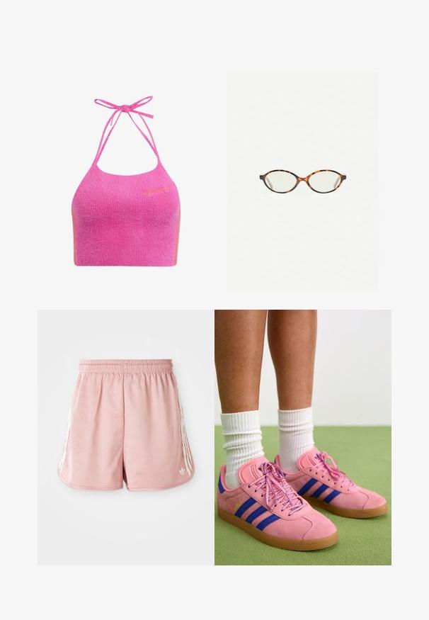 Pink cropped halter top in soft, ribbed texture with spaghetti straps and an orange accent. Features brand logo embroidered on the front.; Pink athletic shorts with an elastic waistband, side white stripe detailing, and a small logo on the lower left front. Smooth fabric texture.; Pink suede sneakers with blue stripes and matching laces. Features a textured gum sole and sock-like white ribbed socks.; Tortoiseshell eyeglasses with oval lenses and a sleek, smooth finish. Features thin sides with a subtle curve at the temples. Clear lenses.