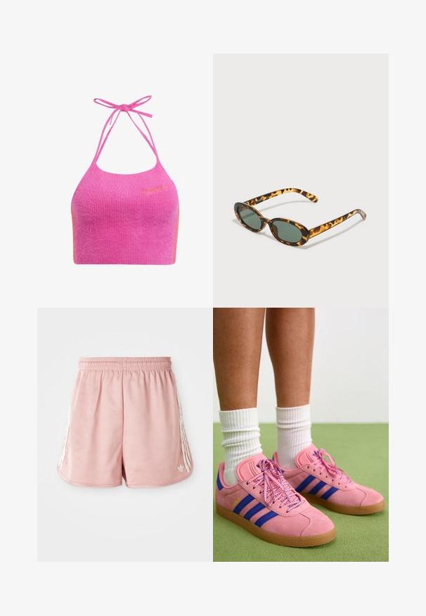 Top halter cropped cor-de-rosa em textura suave e canelada com alças finas e um detalhe em laranja. Apresenta o logótipo da marca bordado na frente.; Calções de desporto cor-de-rosa com uma cintura elástica, detalhes de uma faixa branca lateral e um pequeno logótipo na parte inferior esquerda da frente. Textura de tecido suave.; Ténis de camurça rosa com riscas azuis e atacadores a condizer. Apresenta uma sola de borracha texturizada e meias brancas caneladas semelhantes a um par de meias.; Óculos de sol de tartaruga com armações ovais, lentes verde-escuras e hastes delgadas. Apresenta um logótipo subtil na haste.; Bolsa tote em pele verde oliva com alças duplas, textura suave e design em quatro painéis. Costura reforçada nas costuras para maior durabilidade.