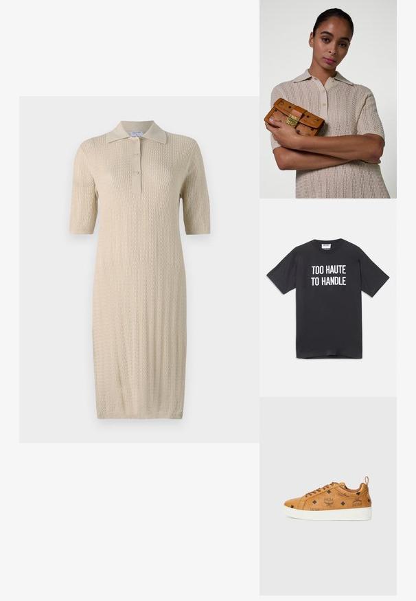Zwart katoenen t-shirt met korte mouwen en ronde halslijn, met witte tekst die "TOO HAUTE TO HANDLE" op de voorkant weergeeft.; Gehaakte crèmekleurige jurk met korte mouwen, polokraag en knoopsluiting. Heeft een textuurpatroon dat verticaal over de stof loopt.; Bruine leren sneakers met contrasterende witte rubberen zolen, voorzien van zwarte ruitpatronen en MCM-logo's op de zijkant. Inclusief veters en een achtertab.; Vrouw met glad achterover getrokken haar draagt een beige gebreid polo met korte mouwen, terwijl ze een tan geklede lederen clutch met gouden sluiting en ketting vasthoudt.