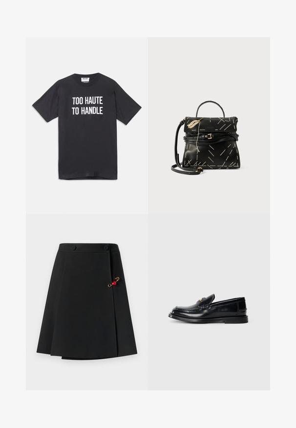Must must nohikuga mustriga t-särk, lühikeste varrukatega ja ümmarguse kaelusega, mille esiküljel on valge tekst "TOO HAUTE TO HANDLE".; Mustatud seelik flared disainiga, millel on kaks esistuppa ning kuldne aktsent punase südame detailiga küljes. Sile kangas.; Mustast nahast loafer, millel on õmmeldud muster, väike esiflap ja lame kummist tald. Sujuv tekstuur kuldse viimistlusega.; Must musta nahk käekott geomeetrilise valge õmblusega, ülemise käepideme ja eemaldatava õlavarre rihmaga. Sisaldab kuldseid detaile ja lukuga sulgemist.