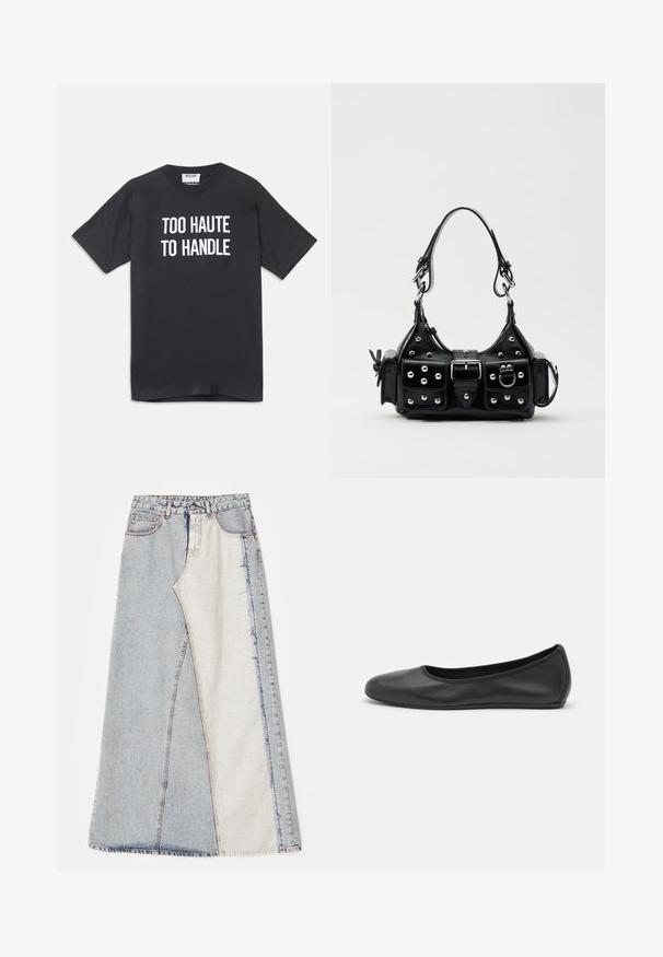 Zwart katoenen t-shirt met korte mouwen en ronde halslijn, met witte tekst die "TOO HAUTE TO HANDLE" op de voorkant weergeeft.; Denim rok met een patchworkontwerp bestaande uit lichte en middelblauwe secties, rafelige zomen en een hoge taille. Klassiek vijf-pocket model.; Zwarte leren ballerina met een ronde neus, gladde textuur, minimale stikdetails en een flexibele zoolontwerp.; Zwarte lederen handtas met een gebogen ontwerp, voorzien van zilveren studs, een gesp en twee zijvakken. Verstelbare schouderband voor verschillende draagmogelijkheden.