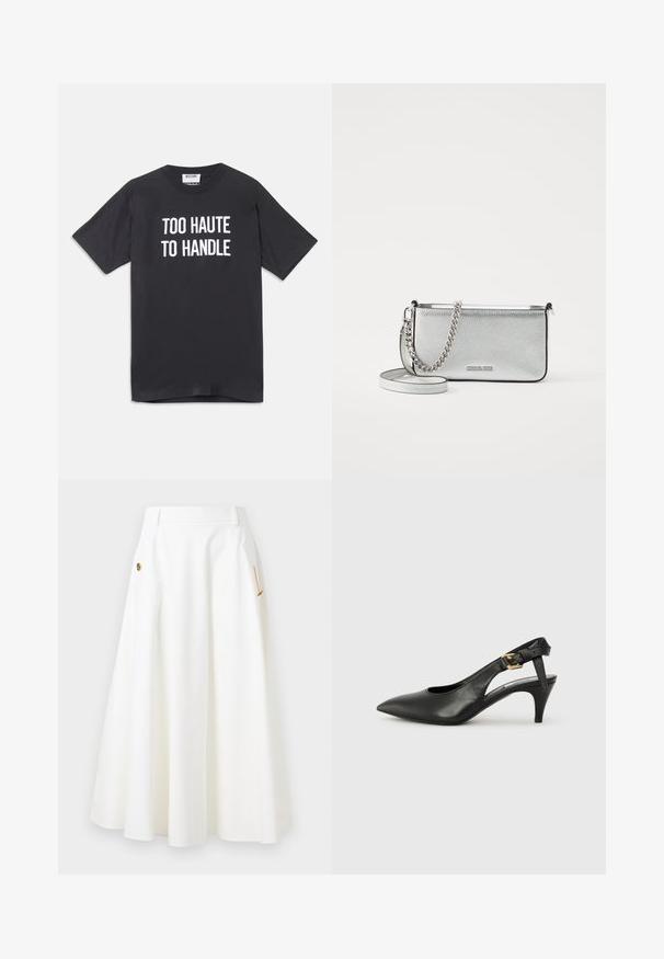 Black cotton t-shirt with short sleeves and round neckline, featuring white text that reads "TOO HAUTE TO HANDLE" on the front.; White A-line midi skirt with side pockets, gold chain and decorative button details, and belt loops at the waistband.; Black leather slingback pump with a pointed toe, small heel, and a buckle detail on the ankle strap. Smooth texture, minimalist design.; Silver leather crossbody bag with a textured finish, chain and strap accents, and a zipper closure. Features a logo on the front.