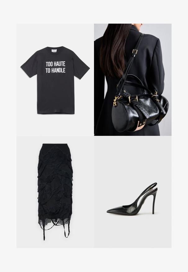 Tricou din bumbac negru cu mâneci scurte și guler rotund, având text alb care spune "PREA HOT PENTRU A FI MANEVRAT" pe față.; Fustă neagră cu accente de dantelă stratificate, talie ajustată și bretele reglabile. Designul include un model în formă de val pe întreaga suprafață.; Pantof de damă negru cu toc slingback, cu vârf ascuțit, model texturat de șarpe, toc stiletto și o cataramă decorativă pe bretele.; Geantă de mână din piele neagră cu o formă rotunjită, având accesorii aurii și bretele ajustabile. Accente din piele neagră texturată și detalii bej.