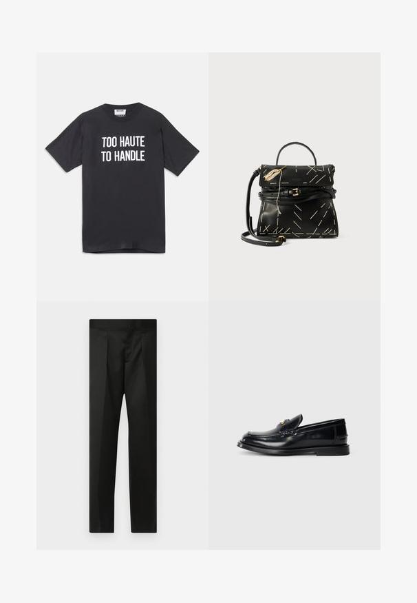Černé bavlněné tričko s krátkým rukávem a kulatým výstřihem, na přední straně s bílým nápisem "TOO HAUTE TO HANDLE".; Černé kalhoty s hladkým materiálem, přizpůsobeným střihem, rovnými nohavicemi a plochým pasem bez viditelných zapínání či kapes.; Černé kožené mokasíny s prošívaným designem, malou přední chlopeň a plochou gumovou podrážkou. Hladký povrch s akcentem zlaté barvy.; Černá kožená kabelka s geometrickým bílým prošíváním, horním držadlem a odnímatelným popruhem přes rameno. Vybavena zlatými akcenty a zipovým uzávěrem.