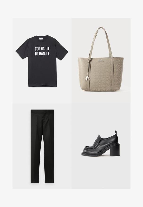 Camiseta de algodón negra con mangas cortas y cuello redondo, que presenta un texto blanco que dice "DEMASIADO CALIENTE PARA MANEJAR" en el delantero.; Pantalones negros con una tela suave, diseño ajustado, piernas rectas y una cinturilla plana sin cierres ni bolsillos visibles.; Zapatos de tacón de cuero negro con punta redonda, una banda prominente en el empeine y un diseño de tacón grueso. Textura suave con costuras mínimas.; Bolso tote color marrón hecho de material sintético texturizado, con un patrón geométrico en toda su superficie, asas dobles y un charm plateado como detalle.