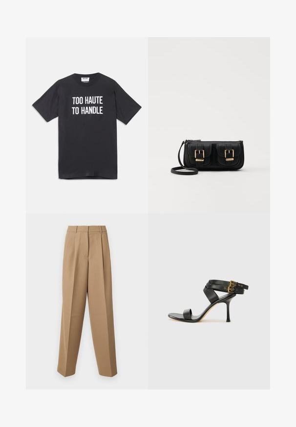 Svart bomull t-skjorte med korte ermer og rund hals, med hvit tekst som sier "TOO HAUTE TO HANDLE" på forsiden.; Beige skræddersyede bukser med høj talje, plisseret front og brede ben. Stof virker glat med en let glans.; Svarte hælsandaler med kryssende stropper og justerbar spenne. Har en jevn tekstur og avsmalnende stilettoklakk.; Svart skinn crossbody veske med to frontlommer, gyldne spenner, glidelåslukking og en slank stropp. Teksturert overflate og kompakt rektangulær form.