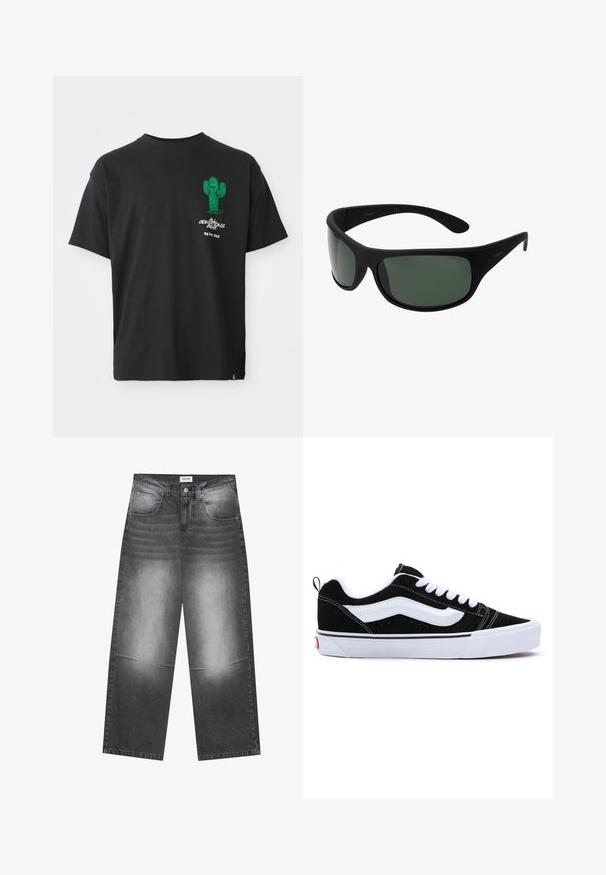 T-shirt preto de mangas curtas com um cacto de cartoons verde e o texto branco "Conditions Gear Big Bend, Texas" no lado esquerdo do peito.; Jeans de denim preto de pernas largas com um acabamento cinza desbotado, apresentando bolsos frontais, fecho de botão e ligeiras desgastes nos joelhos.; Sapatilhas em camurça preta com detalhes brancos, apresentando um design de cano baixo, fecho com atacadores e uma sola grossa de borracha branca. Logo da marca no calcanhar.; Óculos de sol envolventes pretos com lentes verde-escuras. Acabamento matte, design curvo, com hastes retas e uma marcação sutil de lado.; Conjunto de sete anéis de prata com vários designs, incluindo padrões torcidos, entrelaçados e gravados. Diferentes formas e larguras.
