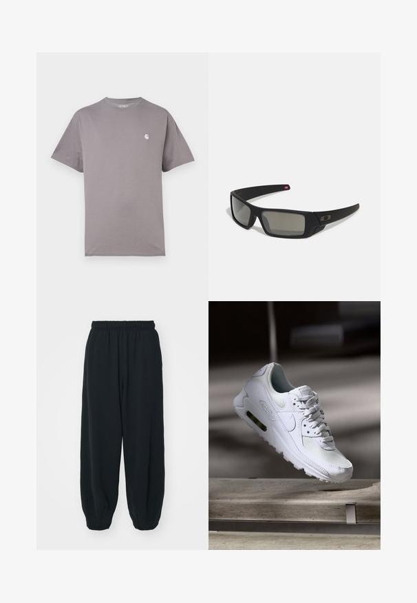 Grå t-skjorte med korte ermer laget av bomull. Har rund halslinning og en liten hvit logo på venstre bryst. Glatt tekstur.; Sorte, joggebukser med elastisk liv, løs passform, mansjetter på ankler, glatt tekstur og uten synlige mønstre eller hardware-detaljer.; Hvit Nike Air Max 90 sneakers med øvre del laget av mesh og skinn, perforert tåboks og en synlig luftenhet i hælen.; Sorte solbriller med mat finish, rektangulære linser, lett kurv på brillestengene, diskret logo detaljer, og røyktinted linser.