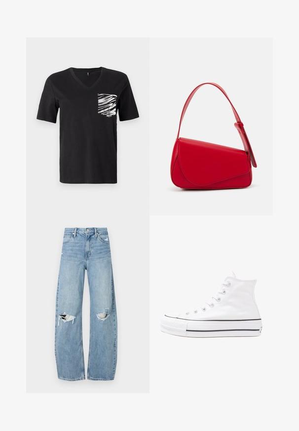 Sort kortærmet V-hals t-shirt lavet af bomuld, med et hvidt stribet mønster på venstre brystlomme.; Lysblå, højtraljede jeans lavet af denim. Har brede ben, to huller ved knæene og klassisk fem-lommes stil.; Hvide høje kanvas sneakers med sort gummisål, gummitåhætte foran og seks øjehuller til snørebånd, der har et rent, minimalistisk design.; Rød læderhåndtaske med et kantet, geometrisk design. Har en enkelt justerbar rem og en klaplukning med syede detaljer.