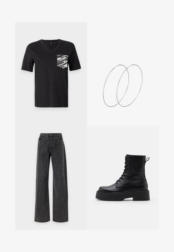 Must have lühikeste varrukatega V-kaelusega must T-särk, mis on valmistatud puuvillast ja millel on valge triibuline muster vasakul rinnatasku piirkonnas.; Noisy May NMJANNEL LOOSE - Avar lõikega teksad - black denim; Mustad mustad nahast pahkluu saapad ümarate varvastega, nööridega esiosas ja paksu kummist talla ning tekstuuritud mustriga. Tagumine tõmbeaas.; Hõbedased rõngastikkaehingad minimalistlikus disainis. Ümar kuju, sile tekstuur ja õhuke profiil. Kerged ning poleeritud viimistlusega.