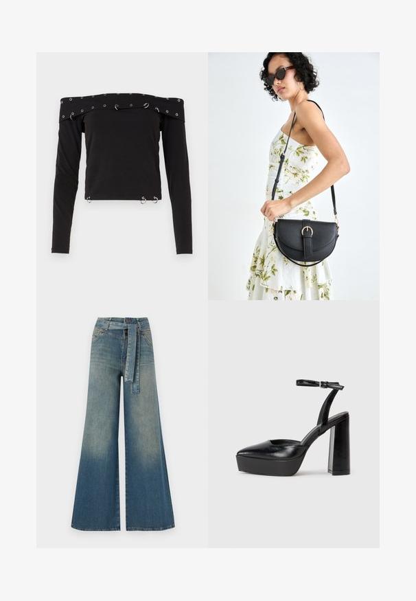 Schwarzes Langarmoberteil mit schulterfreier Gestaltung, verziert mit silbernen Ösen und Ringen entlang des Hals- und Saumbereichs.; Weit geschnittene Denim-Hosen mit einem Farbverlauf von hellblau zu dunkelblau, hoher Taille, Gürtelschlaufen und einem passenden Stoffgürtel. Strukturierte Denim-Oberfläche.; Schwarze Plateau-High Heels mit spitzem Zeh und verstellbarem Knöchelriemen. Gefertigt aus glattem Leder und mit einem klobigen Blockabsatz.; Schwarze Lederhandtasche mit geschwungener Form, abnehmbarem Tragegurt und goldenen Beschlägen. Die Tasche verfügt über einen Deckel mit einer Schnallen-Details.