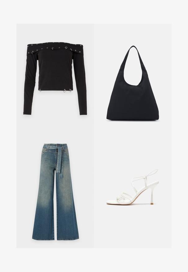 Melna garām piedurknēm topa ir ar asimetrisku dizainu, kuram ir sudraba acs un gredzeni kā akcents ap kakla izgriezumu un apakšmalu.; Platām kājām džinsu bikses ar gaismas līdz tumši zilam gradientam, augstu jostas līniju, jostas cilpām un atbilstošu auduma jostu. Tekstūrēts džinsas apdare.; Baltas striķu augstpapēžu sandales ar plakanu pirkstu daļu, teksturētu priekšpusi ar saveltiem akcentiem un šauru potītes siksniņu.; Melnas auduma soma ar vienu, platu plecu siksnu. Mīksta, pusstrukturēta forma un gluda tekstūra; minimāls dizains, bez redzamiem piederumiem.; Zelta krāsas auskari gredzena formā, plāni un apaļi, ar gludu metāla apdari un bez rotājumiem vai zīmējumiem.