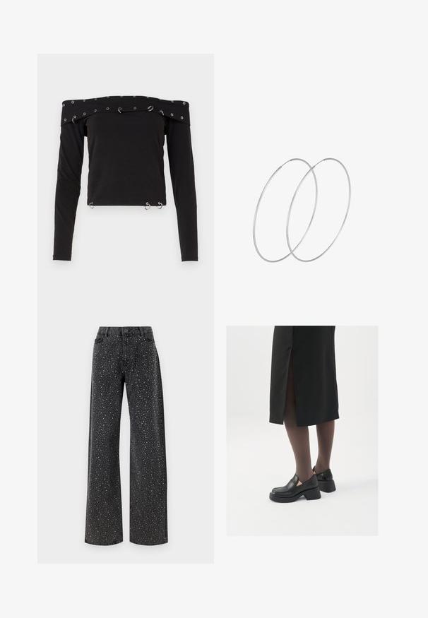 Černý top s dlouhým rukávem a designem odhalující ramena, s výraznými stříbrnými očičky a kroužky jako ozdoby podél výstřihu a lemování.; Noisy May NMJANNEL LOOSE - Džíny Relaxed Fit - black denim; Černé kožené boty s kulatou špičkou, silným blokovým podpatkem a elastickými bočními akcenty, spárované s tmavými punčochami a černou sukní se rozparkem.; Stříbrné kruhové náušnice s minimalistickým designem. Kruh, hladký povrch a tenký profil. Lehká konstrukce s lesklým povrchem.