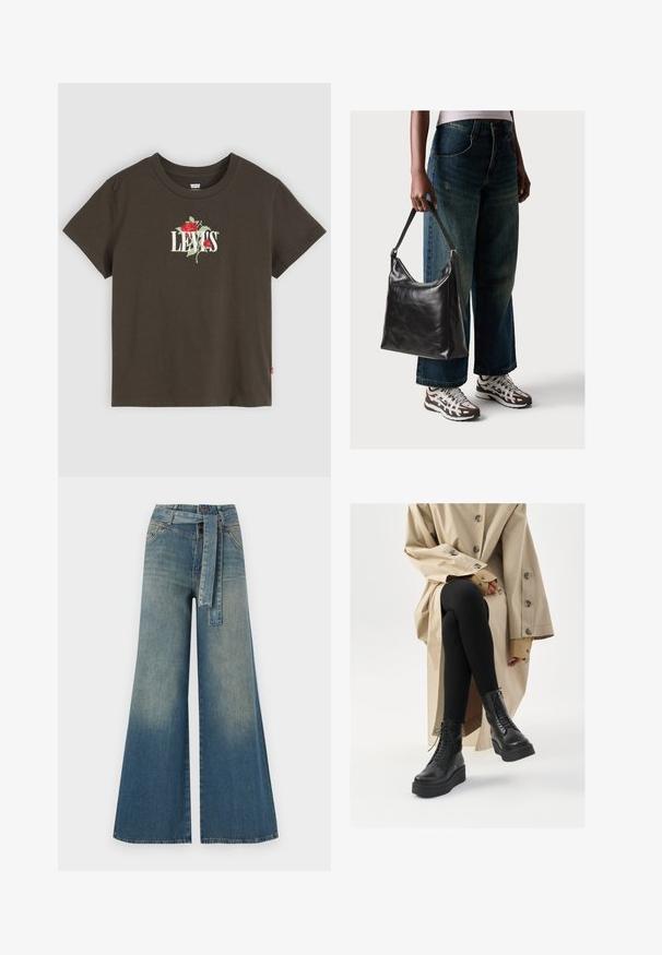 Camiseta marrón de algodón de manga corta con texto blanco "LEVI'S" y bordado de rosa roja en el frente. Diseño clásico de cuello redondo.; Pantalones de mezclilla de pierna ancha con un degradado de azul claro a oscuro, cintura alta, trabillas para cinturón y un cinturón de tela a juego. Acabado de mezclilla texturizada.; Botas de piel negra hasta el tobillo con detalle de cordones, suela de plataforma elevada y leggings negros texturizados, combinadas con un abrigo trinchera ligero en color beige claro.; Bolso de hombro de cuero negro con una textura suave y correa ajustable, combinado con jeans de pierna ancha desgatados y zapatillas deportivas.