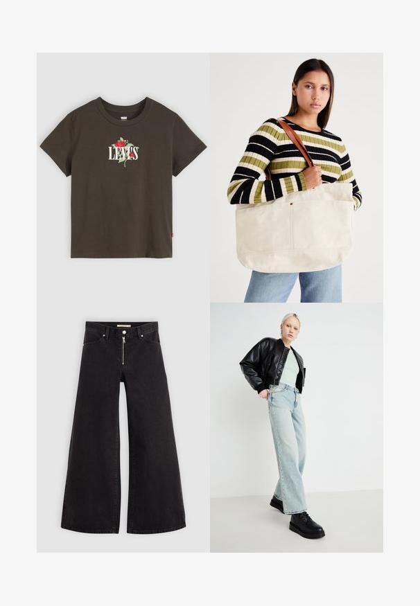 Barna színű rövid ujjú pamut póló, elülső részén fehér "LEVI'S" felirattal és piros rózsa hímzéssel. Klasszikus kerek nyakkivágású kialakítás.; Fekete denim széles szárú farmer, cipzáros elejével, öt zsebes kialakítással és diszkrét varrással. Sima textúra és laza stílus.; Fekete bőrdzseki, mentazöld ing, világoskék széles szárú farmernadrág és fekete fűzős cipő, minimalista háttér előtt.; Nagy bézs színű vászontáska barna bőr pántokkal, minimalista dizájnnal és látható varrásokkal.