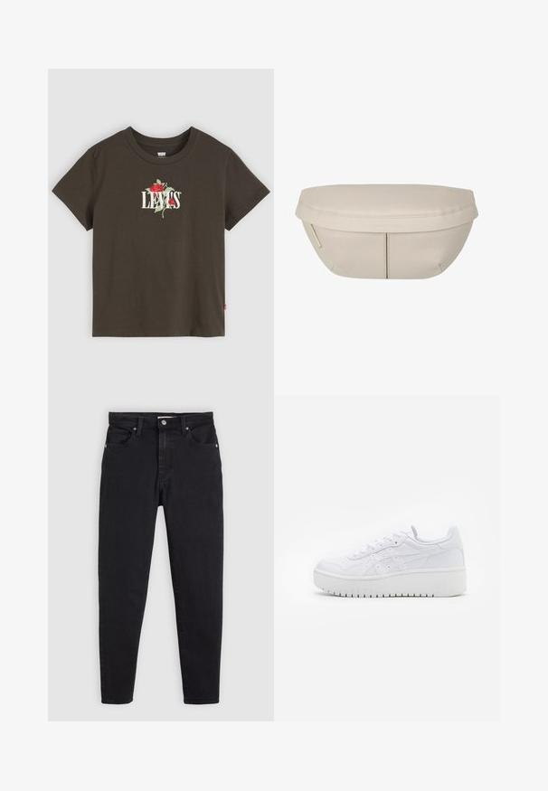 Brun bomullst-shirt med korta ärmar som har vit text "LEVI'S" och röd rosbroderi på framsidan. Klassisk rundhalsdesign.; Svarta slim-fit jeans med knapp- och dragkedjestängning, femfickorsdesign och bältesömmar på en ljusgrå bakgrund.; Vita plattformssneakers i slät läderstruktur, med perforerad detaljering och platta snörningar; har en tjock vit gummisula.; Beige tygpås med rundad form, med en platt topp och subtila sömdetaljer. Inkluderar en minimalistisk logotyp och en sidoremsa.