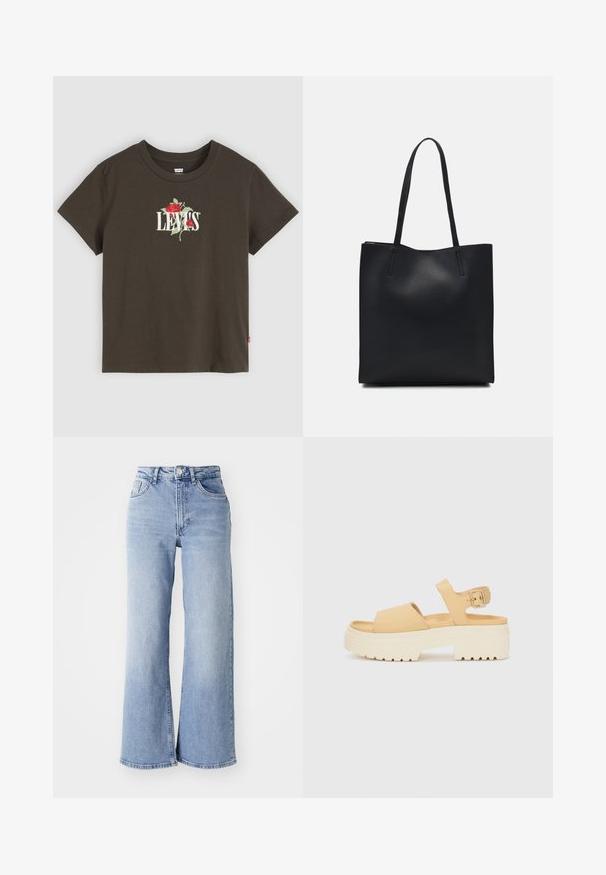 Brown cotton short-sleeve t-shirt featuring white "LEVI'S" text and red rose embroidery on the front. Classic crew neck design.; Light blue high-waist wide-leg jeans with front and back pockets, button closure, and subtle fading on the thighs and hems.; Yellow faux leather sandal with a chunky white platform sole. Features two wide straps and an adjustable ankle strap with a metal buckle.; Black leather tote bag with smooth texture, rectangular shape, and two long handles. No visible hardware or embellishments.