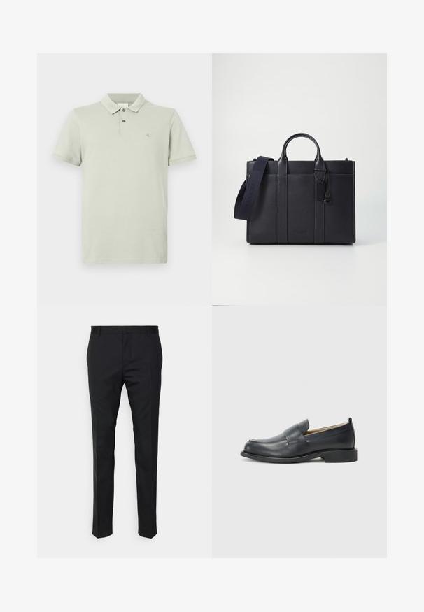 Polo shirt verde chiaro realizzata in tessuto morbido, con colletto classico, patta con due bottoni, maniche corte e un piccolo logo sul petto.; Pantaloni neri su misura con una vestibilità dritta, realizzati in tessuto liscio. Presentano passanti per cintura e dettagli di piega lungo la parte anteriore.; Mocassini in pelle nera caratterizzati da una finitura liscia, suola piatta e punta arrotondata con una fascia decorativa sulla parte superiore.; Cartella in pelle blu scuro con doppio manico superiore e tracolla removibile. Presenta una finitura texturizzata, cuciture verticali e dettaglio del logo.