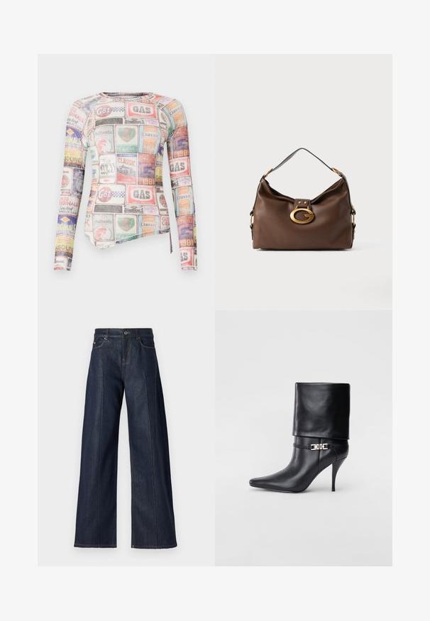 Long-sleeve fitted shirt featuring a multicolored collage of brand labels and logos on a smooth fabric with a crew neckline.; Wide-leg dark blue denim pants with a smooth texture, featuring five pockets, a button, and contrasting stitching along the seams.; Black leather ankle boot with a pointed toe, high stiletto heel, fold-over cuff, and a gold decorative buckle detail on the ankle.; Brown leather handbag with a textured finish, featuring a gold-tone hardware clasp and a single, curved shoulder strap.