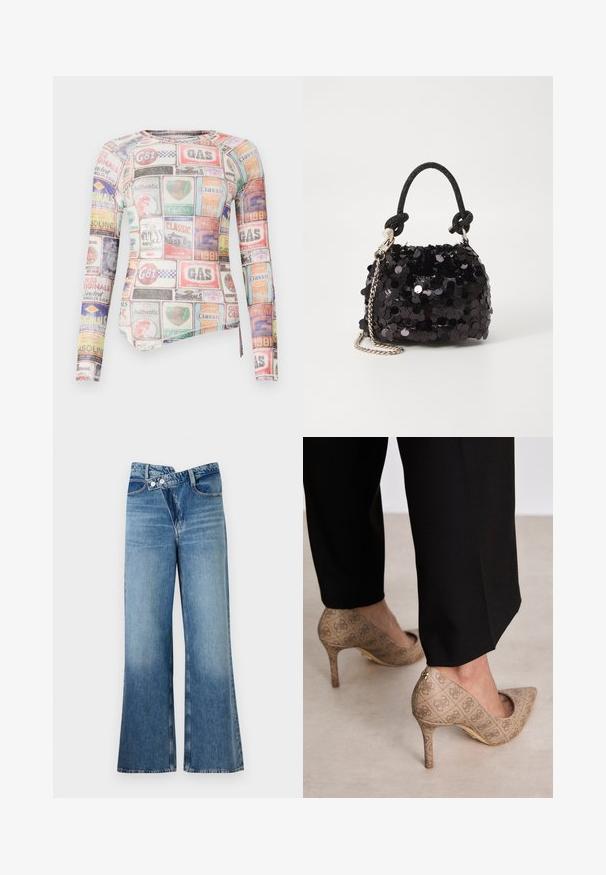 Langermet tettsittende skjorte med et flerfarget collage av merkeetiketter og logoer på et glatt stoff med rund hals.; Lyseblå denim flared jeans med høy midje, med to knapper og frontlommer. Stoffet har en falmet tekstur med subtile variasjoner.; Beige høyhælte sko med teksturert stoff som har et gjentatt mønster. Spiss tådesign med bakdetalj og gullhelsjekk.; Svart paljettmini-veske med en knyttet teksturert stropp og sølvkjede. Rund form med samlet topp og reflekterende detaljer.