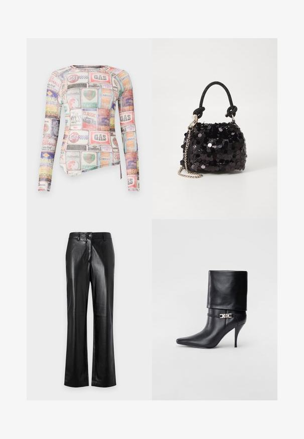 Long-sleeve fitted shirt featuring a multicolored collage of brand labels and logos on a smooth fabric with a crew neckline.; Black leather pants with a straight leg design, featuring a front button closure, belt loops, and a smooth, polished texture.; Black leather ankle boot with a pointed toe, high stiletto heel, fold-over cuff, and a gold decorative buckle detail on the ankle.; Black sequin mini handbag with a knotted textured strap and silver chain. Rounded shape with gathered top and reflective detailing.