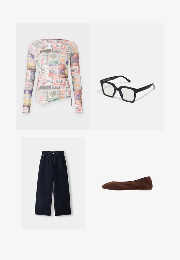 Langermige, aansluitende shirt met een multikleurige collage van merknamen en logo's op een soepele stof met een ronde hals.; Donkerblauwe denim wijduitlopende jeans met een hoge taille, vijf zakken, contrasterende stiksels en zilveren metalen hardware. Gladde textuur en een nette afwerking.; Bruine suède ballerina's met een spitse neus, platte zool en een gladde textuur. Strak ontwerp zonder zichtbare hardware of accenten.; Zwarte vierkante zonnebril met een matte afwerking, voorzien van transparante lenzen en een lichte blauwe tint aan één kant. Stevig, hoekig ontwerp.; Bruine en crèmekleurige koeienhuid schoudertas met een gladde leren band, ritssluiting en een zachte, tekstuursurface met een natuurlijk patroon.