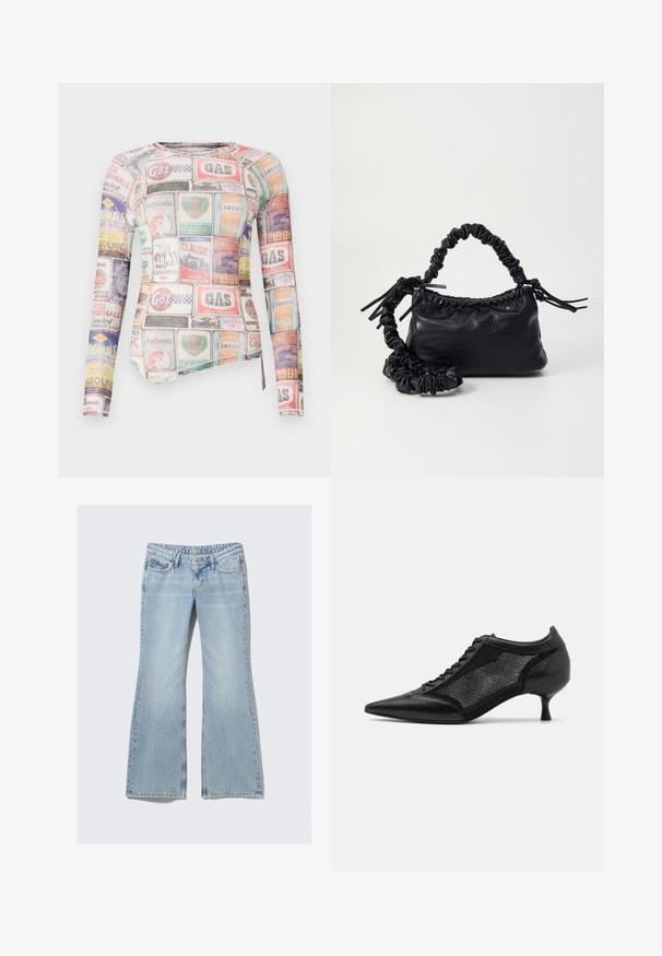 Long-sleeve fitted shirt featuring a multicolored collage of brand labels and logos on a smooth fabric with a crew neckline.; Weekday NOVA - Slim fit jeans - lip blue; Black pointed-toe shoe with a mesh panel design, featuring a low heel and lace-up front. Made from a combination of leather and mesh material.; Black faux leather handbag with a crocodile texture, cinched top, and a scrunched strap. Appears soft and compact in design.