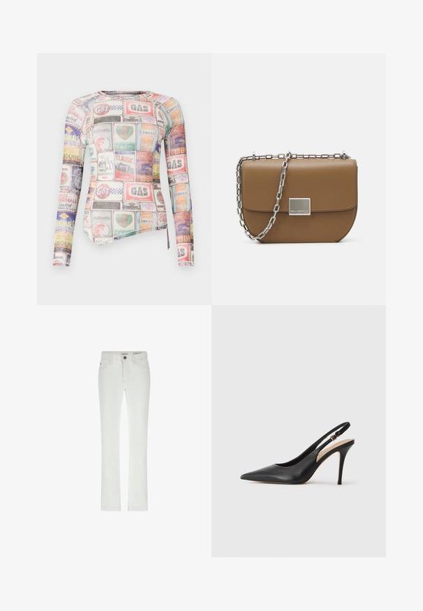 Long-sleeve fitted shirt featuring a multicolored collage of brand labels and logos on a smooth fabric with a crew neckline.; White jeans with a slim fit, 5-pocket design, and contrasting stitching. Features a button closure and subtle brand label at the waistband.; Black leather slingback high heel shoe with a pointed toe, smooth texture, and a delicate strap featuring a metallic buckle.; Brown leather crossbody bag with a curved shape, silver chain strap, and a square metallic clasp detail on the front.