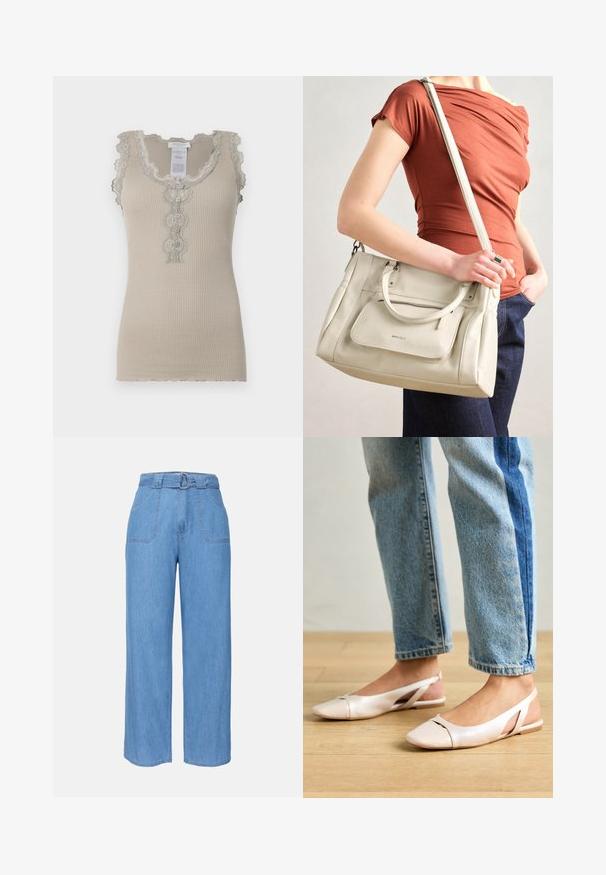 Beige geribbelde tanktop met een scalloped kantafwerking en knoopsluiting. Heeft delicate bloempatronen rond de halslijn en in het midden.; Lichtblauwe denim broek met wijde pijpen, een ceintuur in de taille, twee voorzakken en een effen structuur. Heeft een minimalistisch ontwerp en strakke lijnen.; Zachtroze slingback ballerina's met een spitse neus, gemaakt van een glad leerachtig materiaal. Bevat uitsnijdingen aan de zijkanten en heeft een platte hak.; Witte leren handtas met dubbele handgrepen en een afneembare schouderband, met een voorzak met rits en een gladde textuur. Draagend aan de arm van een persoon.