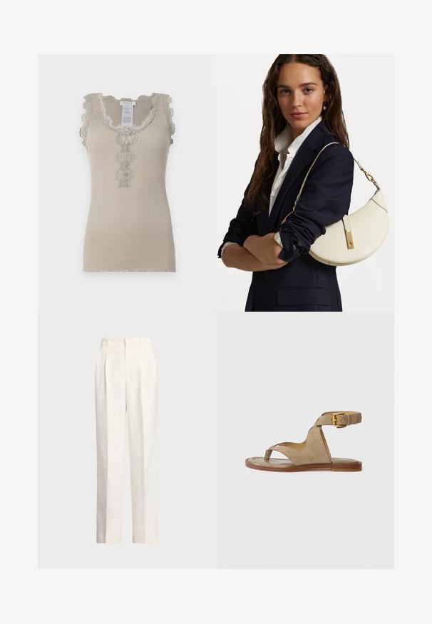 Beige bordás ujjatlan felső, hullámos csipke szegéllyel és gombos záródással. Finom virágmintákkal a nyakkivágásnál és a középrészen.; Polo Ralph Lauren HEMP WIDE LEG PANT - Nadrágok - nevis; Beige velúr szandál lábujjhurkokkal, nyitott oldalakkal és széles boka pánttal, arany csattal. Lapos barna talp, enyhe peremmel.; Fehér bőr táska ívelt formával, arany kiegészítőkkel és texturált felülettel, sötét zakó és fehér ing fölött viselve.