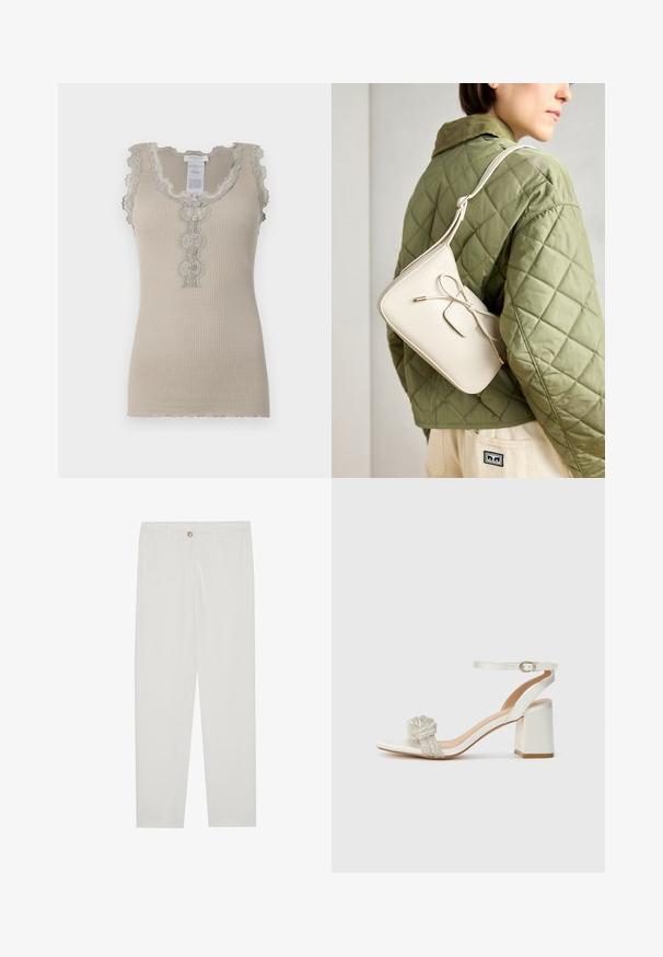 Beige bordás ujjatlan felső, hullámos csipke szegéllyel és gombos záródással. Finom virágmintákkal a nyakkivágásnál és a középrészen.; Fehér, testreszabott nadrág egyenes szárú szabással, gombos záródással, övcsatolókkal és oldalsó zsebekkel; sima textúrájú anyag.; Fehér, nyitott orrú szandál vastag blokk sarkal, amelyen egy textúrált csillámos sáv fut keresztbe a lábfejen és állítható bokapánt található.; Beige színű bőr keresztpántos táska masni részlettel, arany színű fém kiegészítőkkel és egy állítható pánttal, zöld steppelt dzsekin viselve.