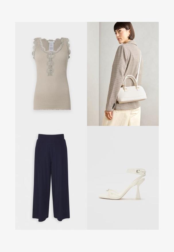 Top de zebrat bej, cu dantelă elegantă pe margini și închidere cu nasturi. Prezintă modele florale delicate pe decolteu și pe mijloc.; Pantaloni cu croi larg din țesătură de culoare bleumarin închis, cu un model texturat. Prezintă un brâu neted și o siluetă fluidă, ajungând până la jumătatea gambei.; Sandalele cu toc înalt, cu bretele, din piele albă, cu un design elegant, toc transparent și un element decorativ la vârf.; Geantă structurată albă, cu mânere scurte și curea de umăr, având accente din metal aurit și material texturat, expusă pe un fundal gri.