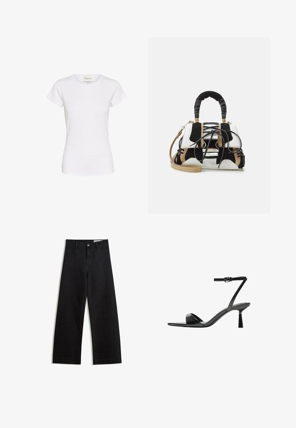 Bela kratka majica z dolgimi rokavi iz mehkega bombaža, s krožnim izrezom in subtilnim vezenim logotipom na prsih. Klasična prilegajoča oblika.; Črne široke denim hlače z visokim pasom, ki imajo sprednje in zadnje žepe, šivane šive ter gumbasto zapiranje. Gladka tekstura.; Bershka Sandali z visoko peto - black; Večbarvna torbica iz črne, bele in bež mreže. Ima teksturirano ročico, design z vezalkami in snemljiv ramenski trak.
