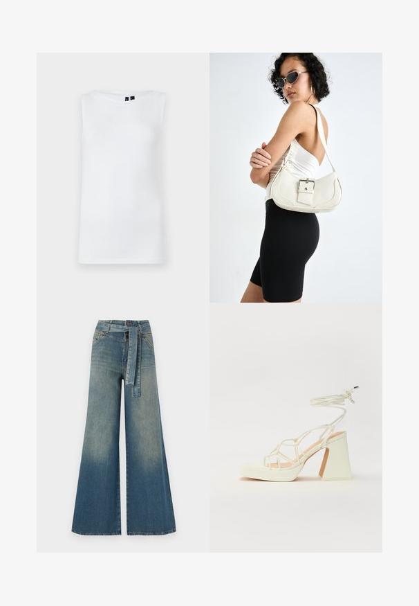 Fehér ujjatlan felső, sima anyagból készült, kerek nyakkivágással és testhezálló siluettel, látható minták vagy díszítések nélkül.; Bőszárú farmernadrág, világos és sötétkék árnyalatokkal, magas derekú, övgyűrűkkel és a nadrággal megegyező anyagú övvel. Textúrált farmer kivitel.; Fehér, magassarkú szandál vastag sarokkal, pántos dizájnnal és bokapánttal. Sima textúra, elülső platformmal a megnövelt magasság érdekében.; Fehér bőr kézitáska ívelt formával, állítható pánttal és egy kis csattal. A modellen fitted fekete ruha van.
