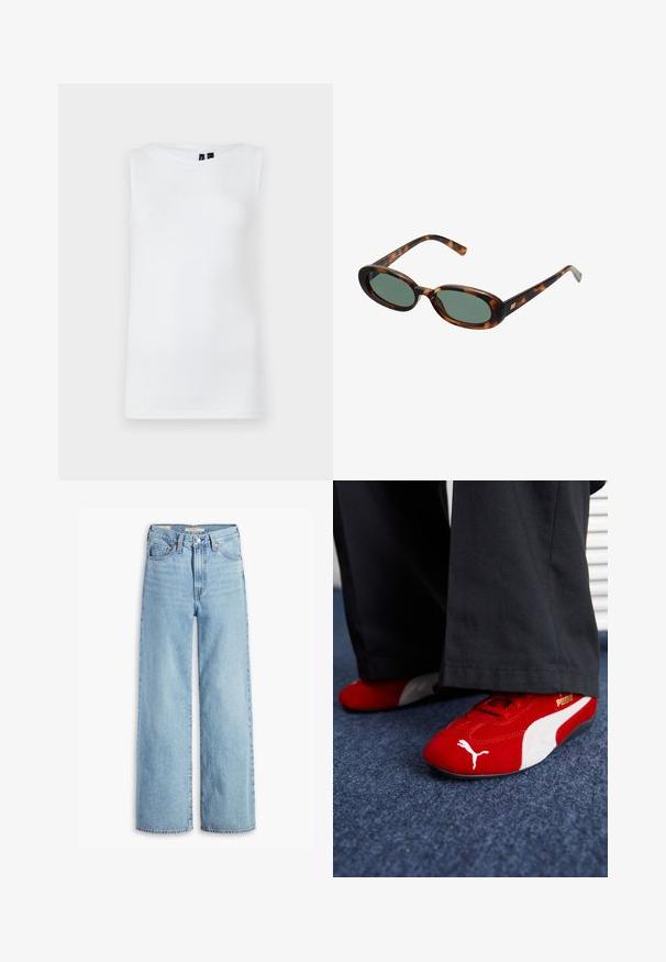 Top blanco sin mangas hecho de una tela suave, con un escote redondo y una silueta ajustada sin patrones ni acentos visibles.; Jeans de pierna ancha de talle alto, de un azul claro, con botón y cremallera en el frente, lazos para cinturón y estilo de cinco bolsillos.; Zapatillas de ante rojas con acentos blancos, que cuentan con material texturizado, punta redonda y un logo dorado en el lateral, combinadas con pantalones negros.; Gafas de sol de carey con montura ovalada y lentes verdes. Presentan brazos delgados con un detalle metálico cerca de las bisagras.; Collar de cadena metálica con un diseño de eslabones gruesos en plata oscura. Presenta un prominente centro decorado con cristales con forma circular elevada.