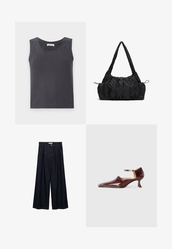 Mörkgrå linne i mjuk bomull, med rund halsringning och breda axelband. Enkel design utan synliga mönster eller dekorationer.; Mörk denim vid-byxa med hög midja, featuring en frontknäppning, två sidofickor och stickningsdetaljer.; Burgunderfärgad patentlädersko med spetsig tå, ankelrem och 5 cm avsmalnande klack. Slät yta och minimalistisk design.; Svart tyghandväska med rynkad textur, två axelremmar och dragsko stängning på sidorna. Slätt, lätt material.