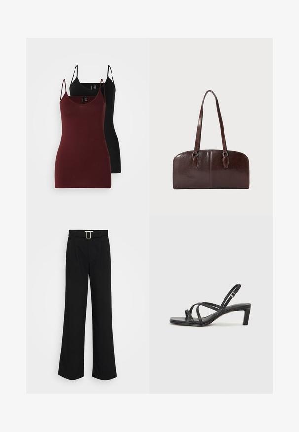 Paket dveh majic na brezrokavnik: ena v temno burgundski barvi in ena v črni. Narejene so iz mehke, raztegljive tkanine z ozkimi naramnicami in obliko V-izreza.; Črne široke hlače iz lahkega materiala, ki se ponašajo z gladko teksturo, sprednjimi gubami in pasom s kvadratno kovinsko zaponko.; Črne natikače s trakovi in kvadratnim prstom ter nizkim blokastim peto. Imajo več tankih trakov in nastavljiv trak okoli gležnja. Narejene so iz gladkega usnja.; Rjava usnjena torbica z dvema dolgima ročajema, strukturirano pravokotno obliko, gladko teksturo in zaobljenimi robovi. Ima dodatne podrobnosti na ročajih.