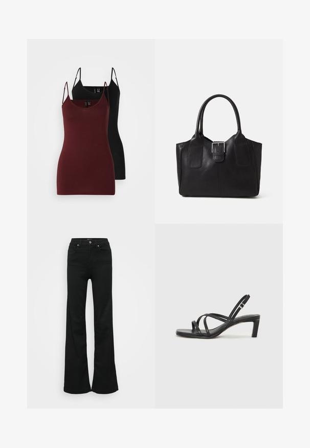Set van twee tanktops: één in donker bordeaux en één in zwart. Gemaakt van zachte, rekbare stof met dunne spaghettibandjes en een V-hals ontwerp.; Zwarte wijde jeans gemaakt van denim, met een hoge taille, vijf zakken en een metalen knoopsluiting. Gladde textuur met minimale detailing.; Zwarte sandaal met bandjes, vierkante teen en een lage blokhak. Voorzien van meerdere dunne bandjes en een verstelbare enkelband. Gemaakt van zacht leer.; Zwarte leren tote bag met een gladde textuur, gestructureerde vorm, twee handvatten en een opvallend zilveren sluitingdetail aan de voorkant.